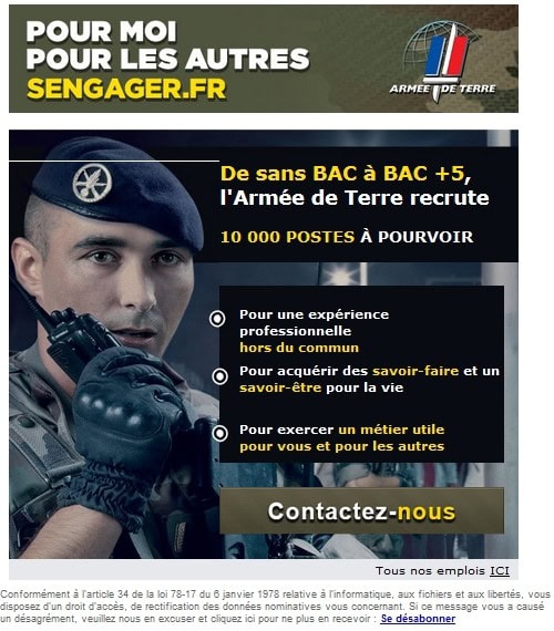 Spam « L'Armée de Terre recrute » par Evoluciel / wwel.info