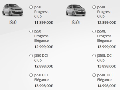 Tarif Ligier JS 50. Début configurateur, 31/03/2017